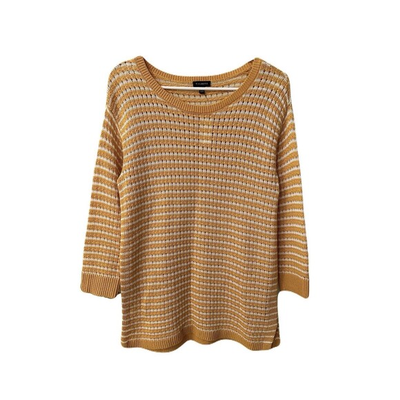 NEW Talbots Womens Size Small Gold & White Striped Open Knit Mixed Yarn Sweater - Picture 2 of 7